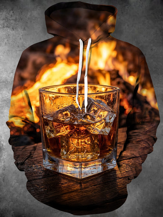 Adaychic Men's Long Sleeve Pullover Hoodie - Whiskey Glass With Skull Ice Cube Print with Kangaroo Pocket