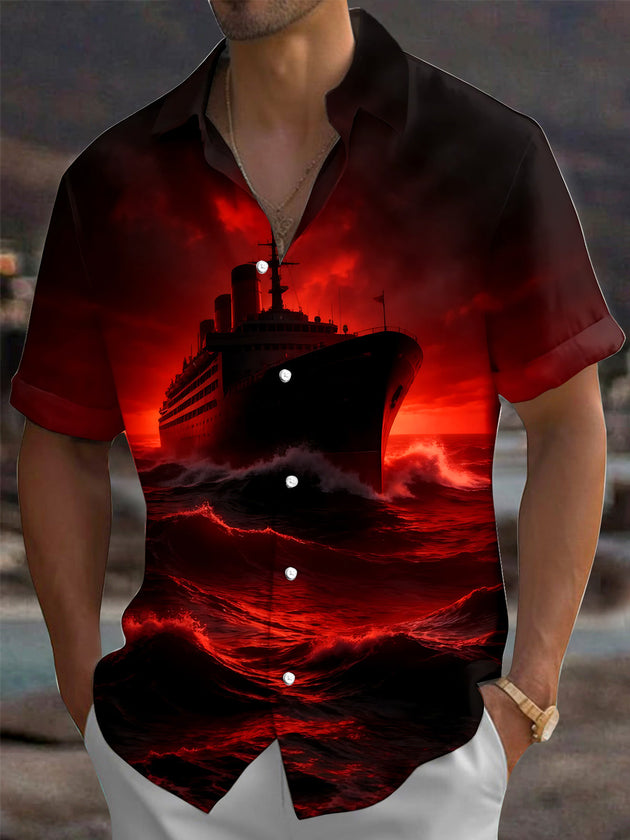 Adaychic Men's Printed Cruise Ship On Stormy Ocean Print Short Sleeve Shirt with Chest Pocket