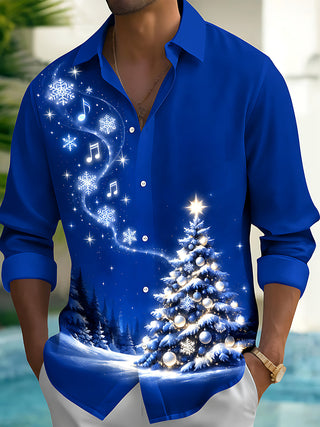 Adaychic Men's Printed Christmas Tree And Ornaments Print Long Sleeve Shirt with Chest Pocket