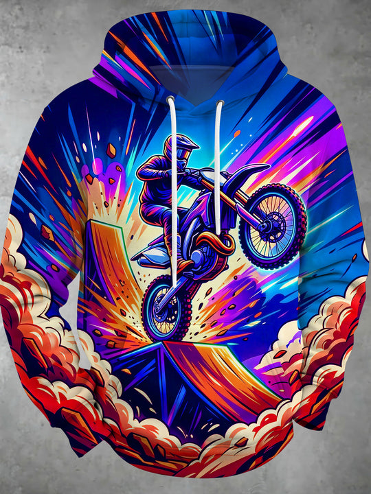 Adaychic Men's Graphic Dirt Bike Rider Jumping Ramp Print Long Sleeve Hoodie
