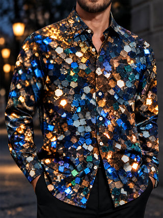 Adaychic Men's Patterned Abstract Geometric Shards Print Long Sleeve Shirt with Chest Pocket