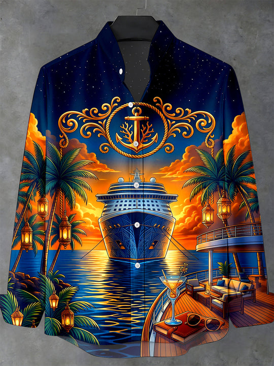 Adaychic Men's Cruise Ship And Palm Trees Print Long Sleeve Stand Collar Shirt