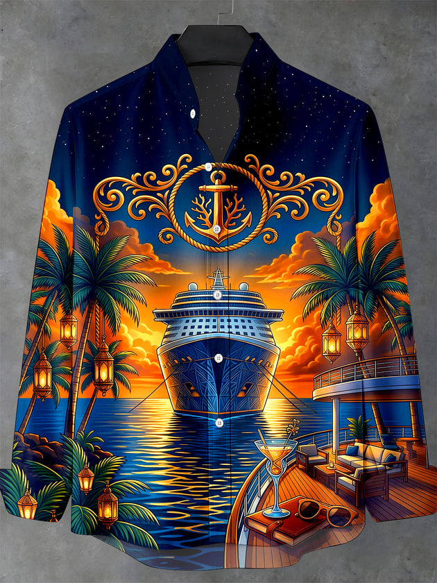 Adaychic Men's Cruise Ship And Palm Trees Print Long Sleeve Stand Collar Shirt