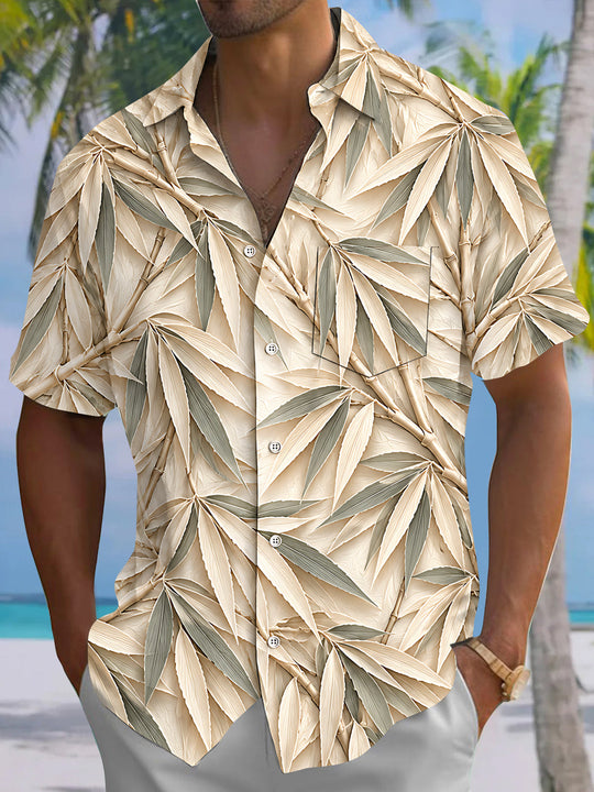 Adaychic Men's Hawaiian Bamboo Leaves And Stalks Print Short Sleeve Shirt with Chest Pocket