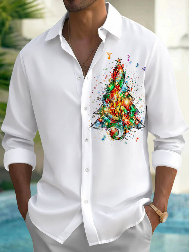 Adaychic Men's Graphic Christmas Tree And Musical Notes Print Long Sleeve Shirt with Chest Pocket