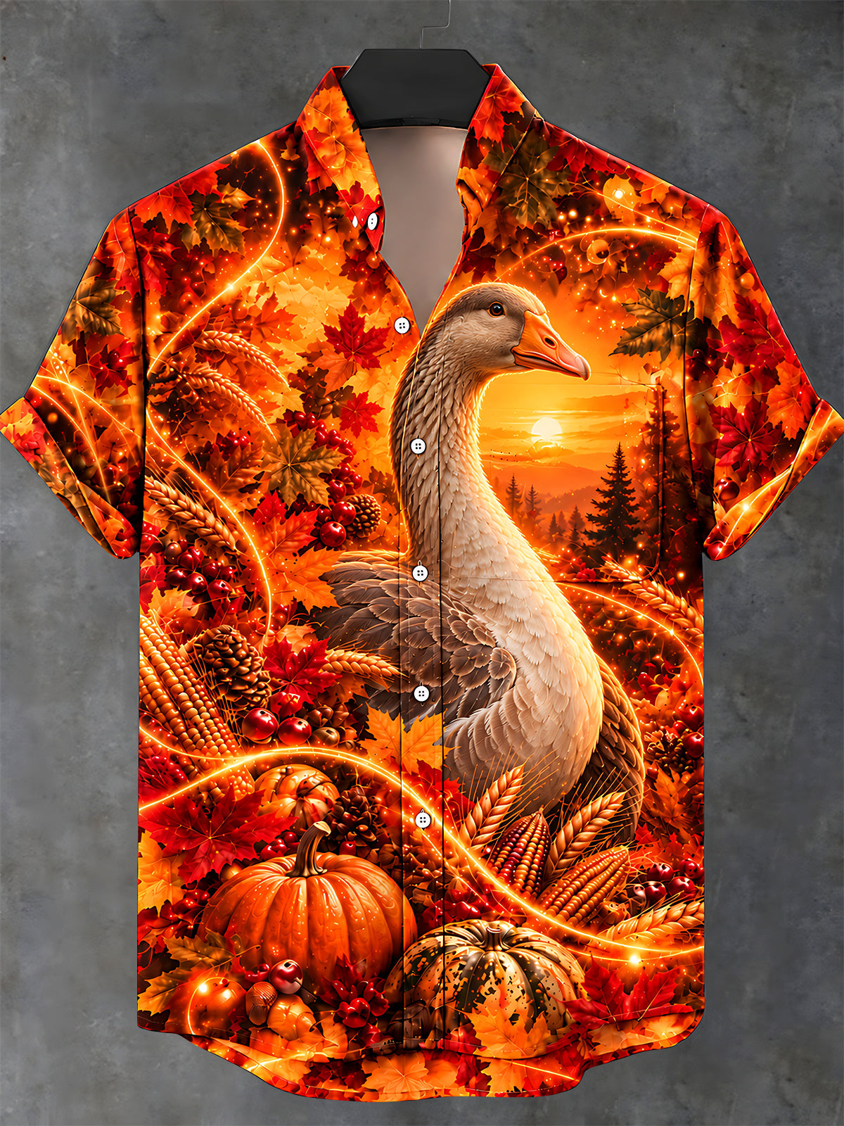 Adaychic Men's Short Sleeve Stand Collar Shirt - Thanksgiving Goose And Autumn Harvest Print with Chest Pocket