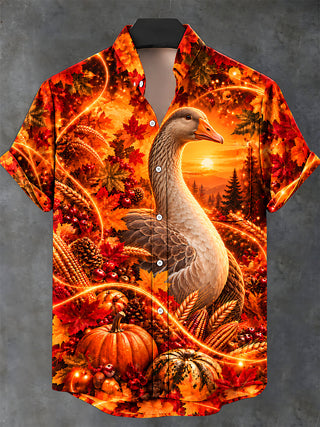 Adaychic Men's Short Sleeve Stand Collar Shirt - Thanksgiving Goose And Autumn Harvest Print with Chest Pocket