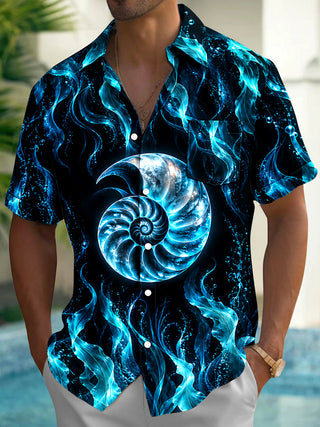 Adaychic Men's Hawaiian Nautilus Shell And Seaweed Print Short Sleeve Shirt with Chest Pocket