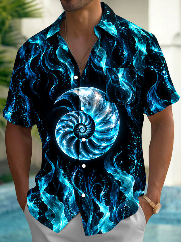 Adaychic Men's Hawaiian Nautilus Shell And Seaweed Print Short Sleeve Shirt with Chest Pocket