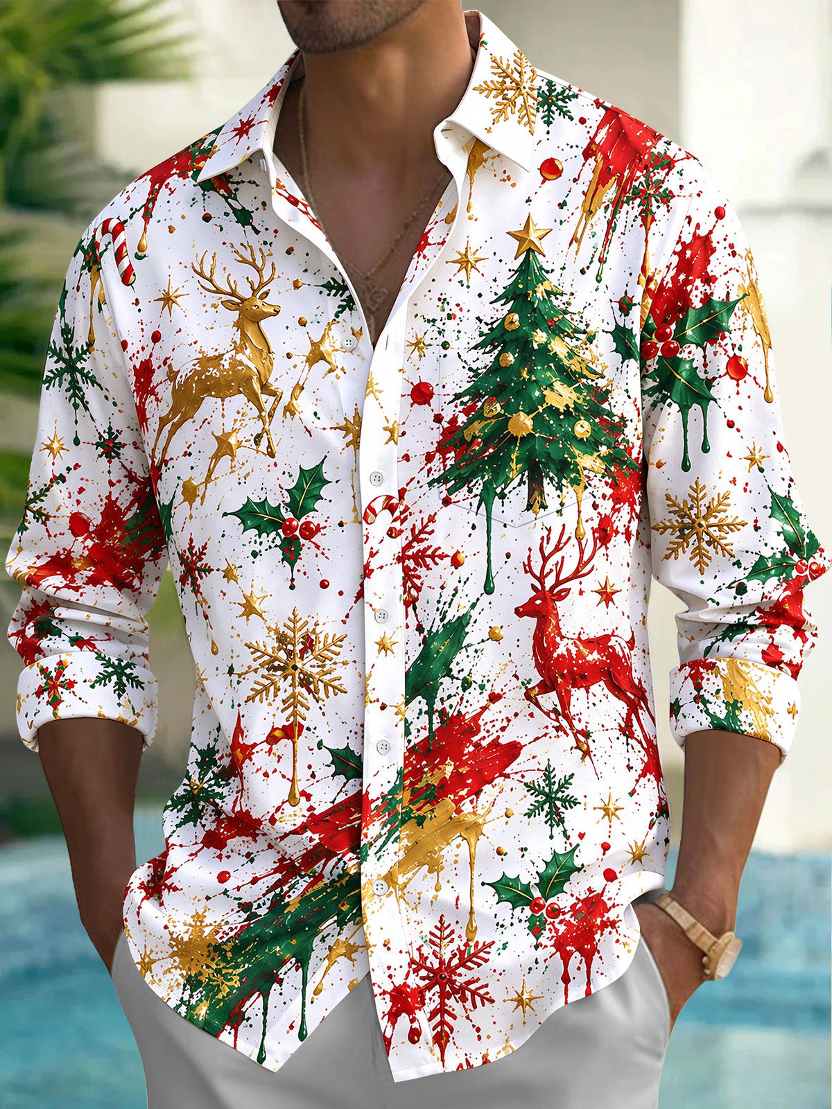 Adaychic Men's Printed Christmas Tree And Reindeer Print Long Sleeve Shirt with Chest Pocket