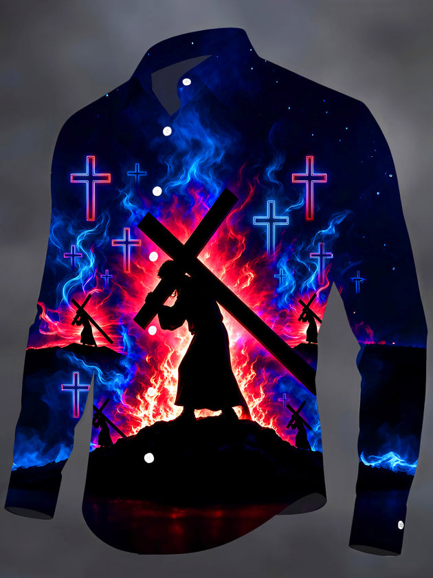 Adaychic Men's Long Sleeve Shirt - Silhouette Of Jesus Carrying The Cross With Neon Crosses Print with Chest Pocket