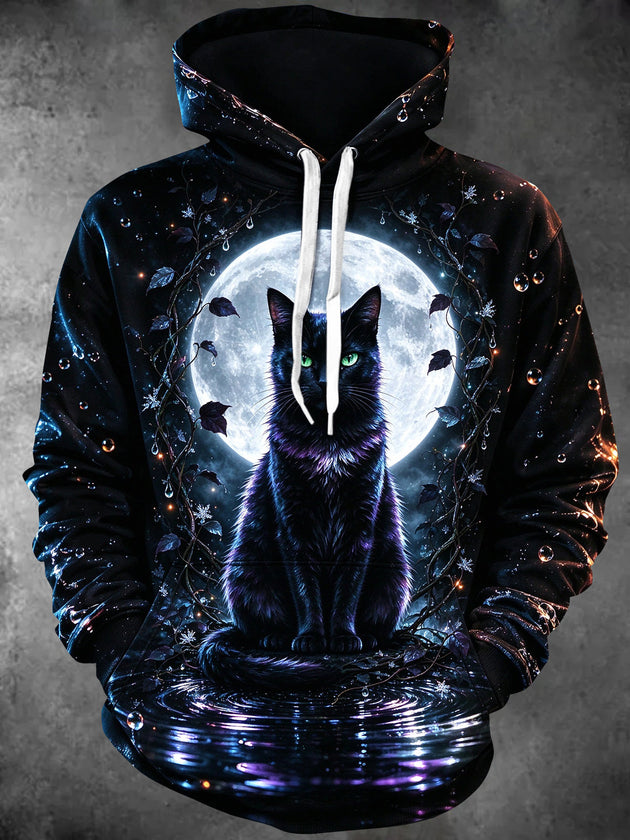 Adaychic Men's Graphic Black Cat And Full Moon Print Long Sleeve Hoodie