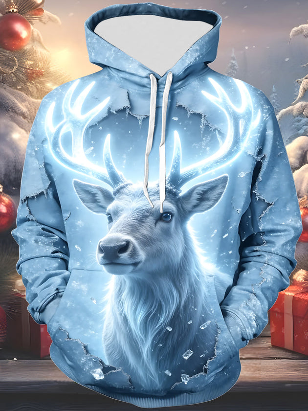 Adaychic Men's Long Sleeve Hoodie - Christmas White Reindeer With Glowing Antlers And Snowflakes Print