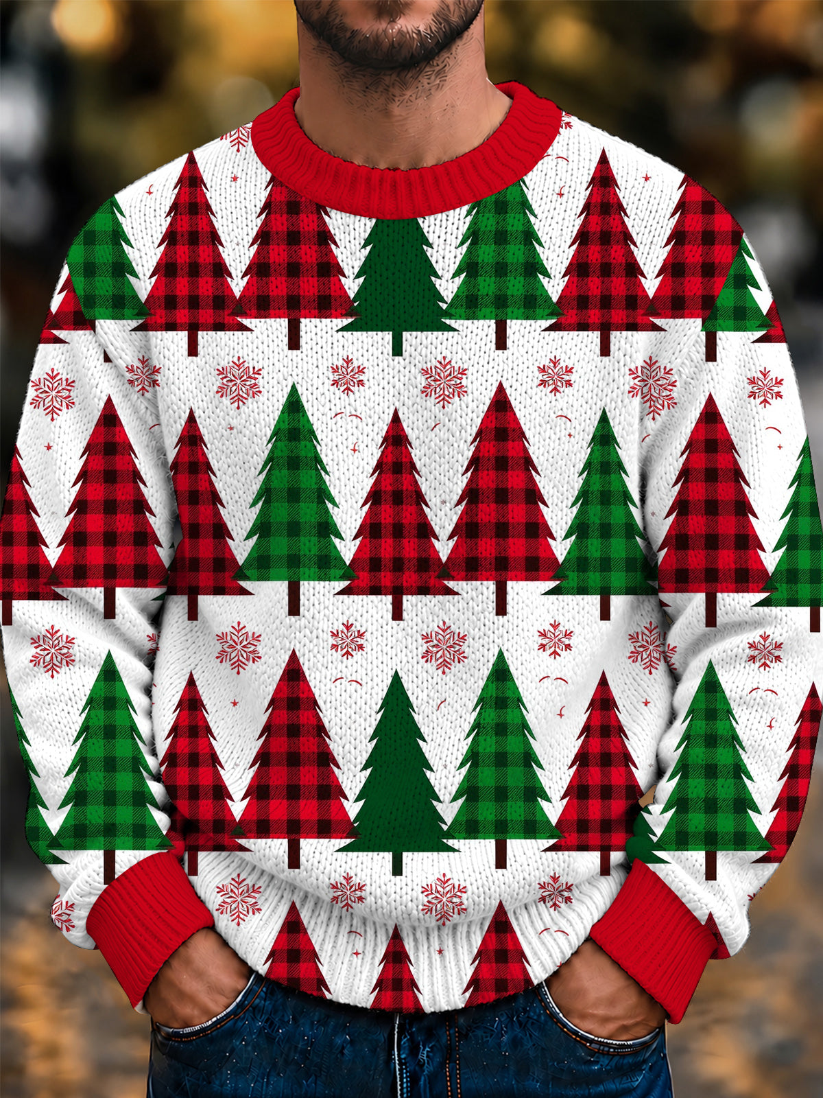 Adaychic Men's Long Sleeve Crew Neck Sweater - Christmas Trees And Snowflakes Print