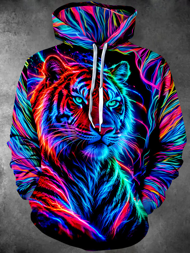 Adaychic Men's Graphic Neon Tiger Face Print Long Sleeve Hoodie