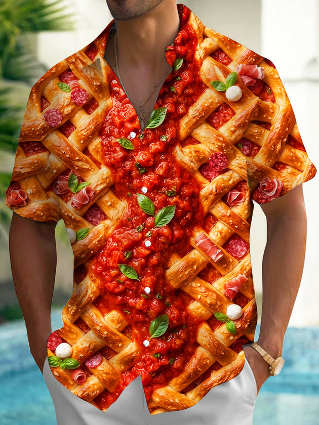 Adaychic Men's Short Sleeve Shirt - Pizza With Lattice Crust And Tomato Sauce Print with Chest Pocket