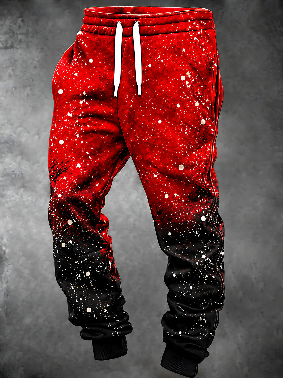 Adaychic Men's Pants - Christmas Red To Black Gradient With White Snowflakes And Bare Tree Branches Print