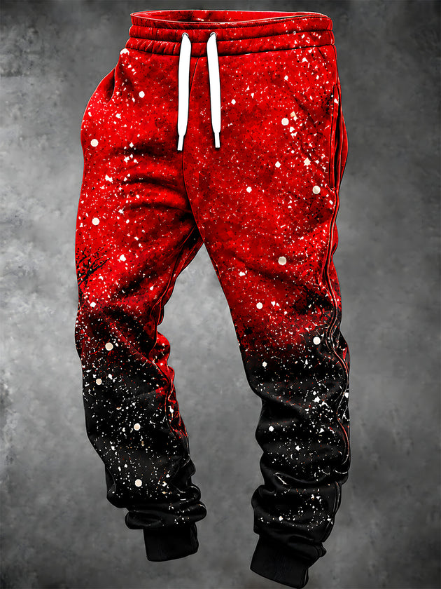 Adaychic Men's Pants - Christmas Red To Black Gradient With White Snowflakes And Bare Tree Branches Print