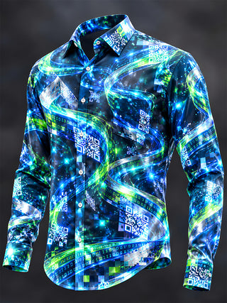 Adaychic Men's Abstract Digital Code And QR Codes Print Long Sleeve Shirt with Chest Pocket