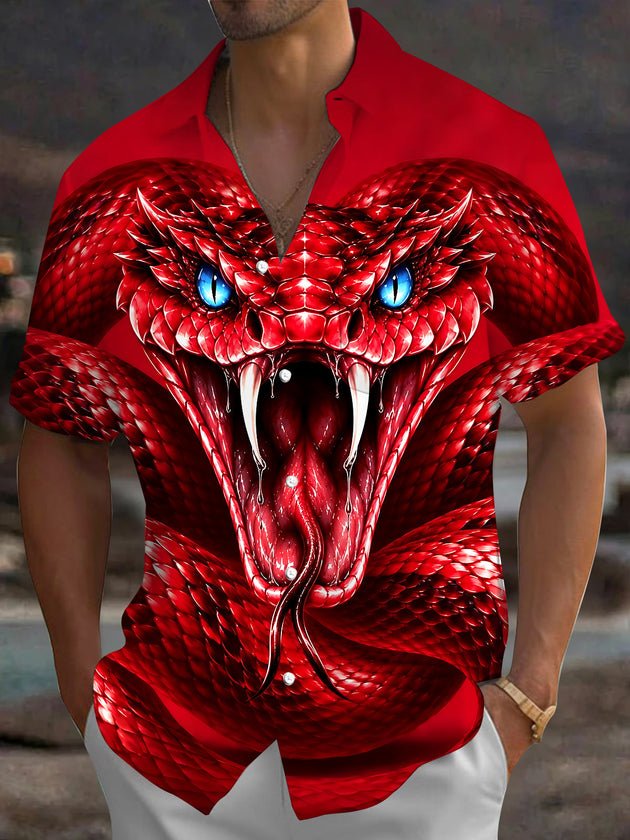 Adaychic Men's Graphic Red Snake Head Print Blue Eyes Print Short Sleeve Shirt with Chest Pocket