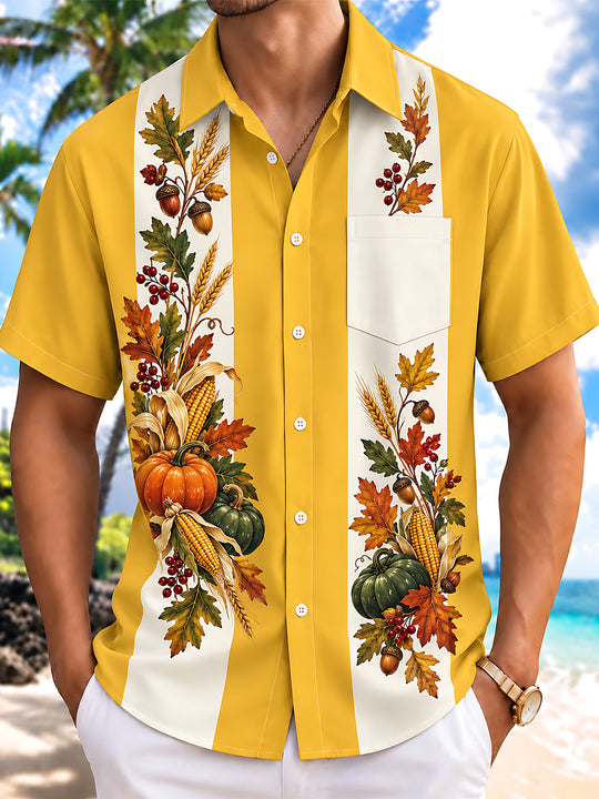 Adaychic Men's Thanksgiving Harvest Pumpkins And Corn Print Short Sleeve Shirt with Chest Pocket