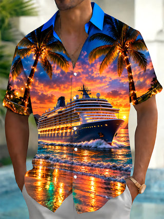 Adaychic Men's Cruise Ship And Palm Trees At Sunset Print Short Sleeve Shirt with Chest Pocket