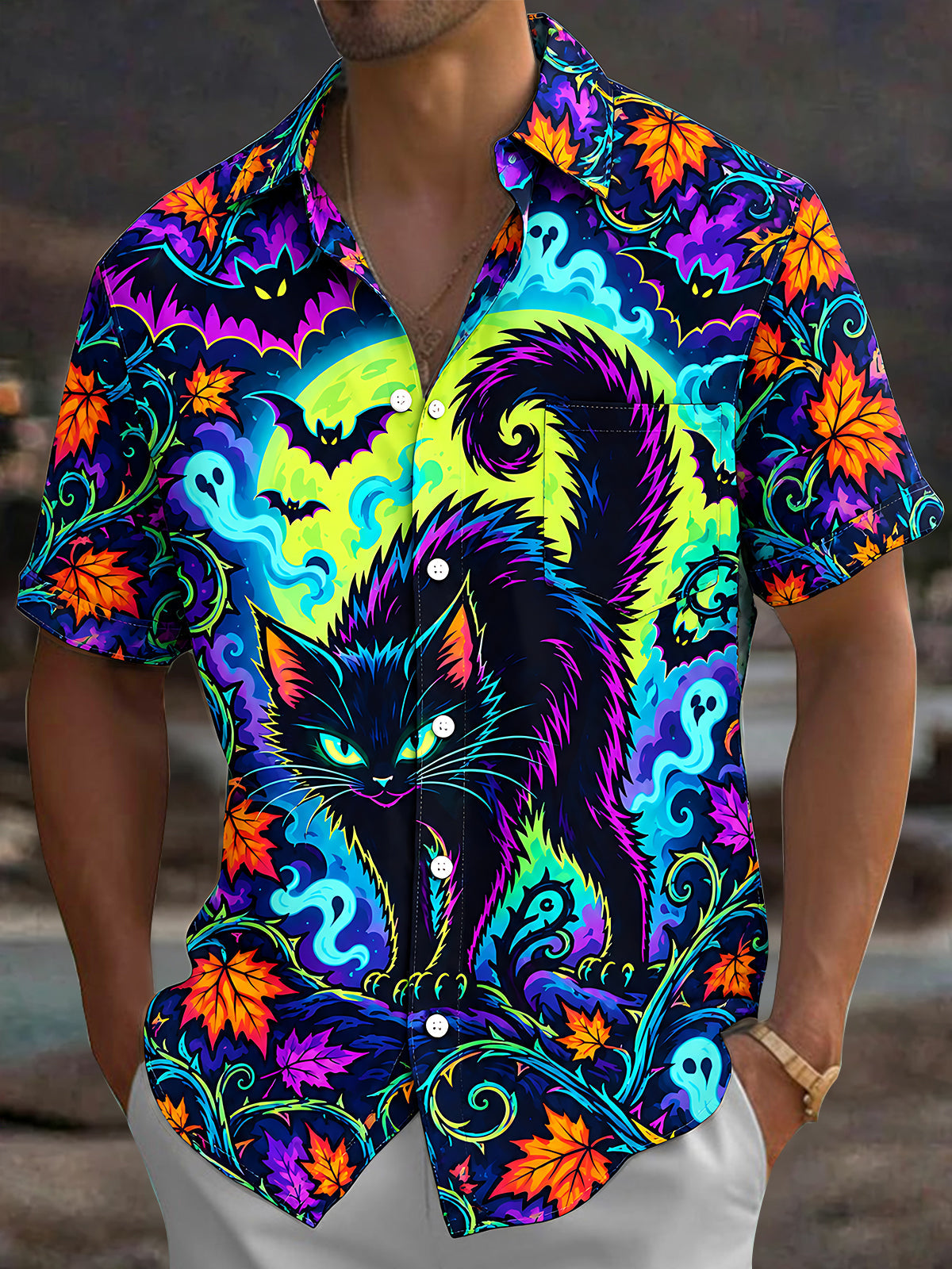 Adaychic Men's Hawaiian Halloween Black Cat And Ghosts Print Short Sleeve Shirt with Chest Pocket
