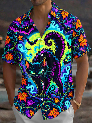 Adaychic Men's Hawaiian Halloween Black Cat And Ghosts Print Short Sleeve Shirt with Chest Pocket
