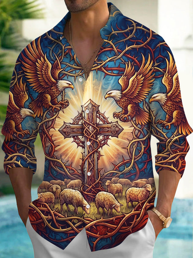 Adaychic Men's Bald Eagles And Crown Of Thorns Cross Print Long Sleeve Shirt with Chest Pocket