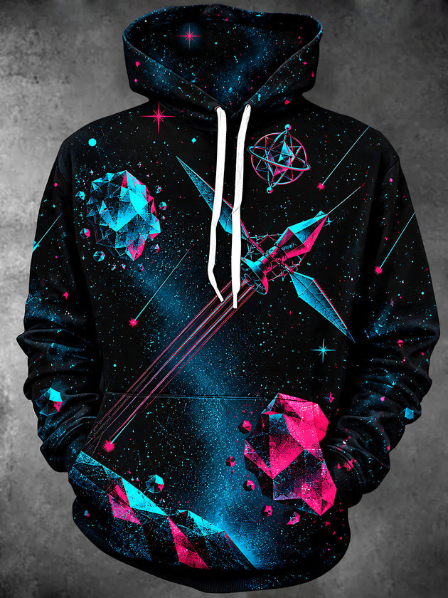 Adaychic Men's Long Sleeve Hoodie - Geometric Crystal Sword And Space Elements Print