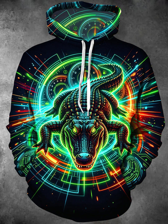 Adaychic Men's Long Sleeve Hoodie - Neon Crocodile With Speedometer And Circuit Patterns Print
