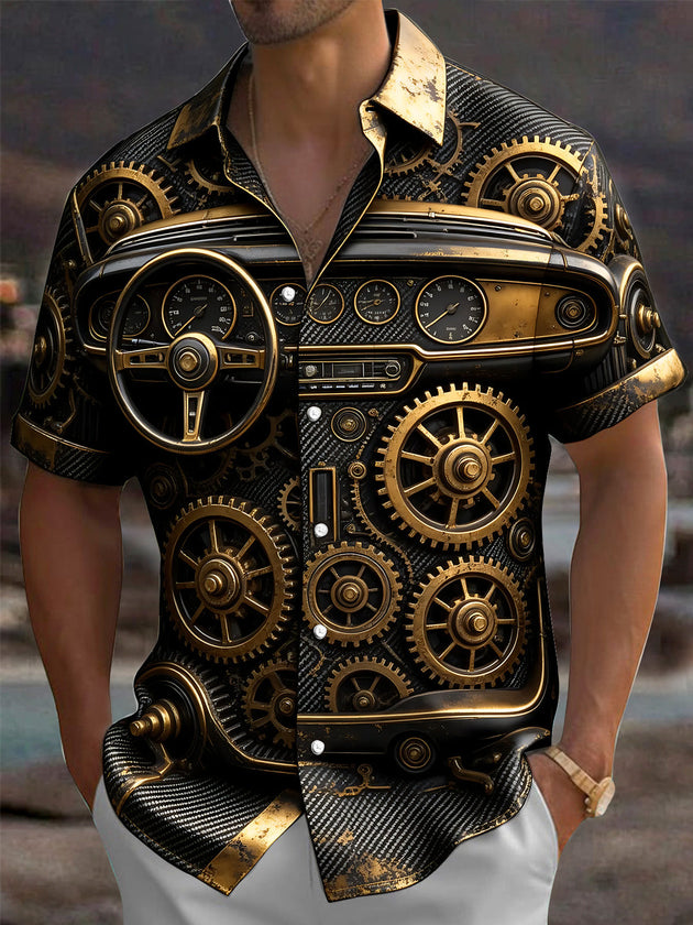 Adaychic Men's Vintage Car Dashboard And Gears Print Short Sleeve Shirt with Chest Pocket