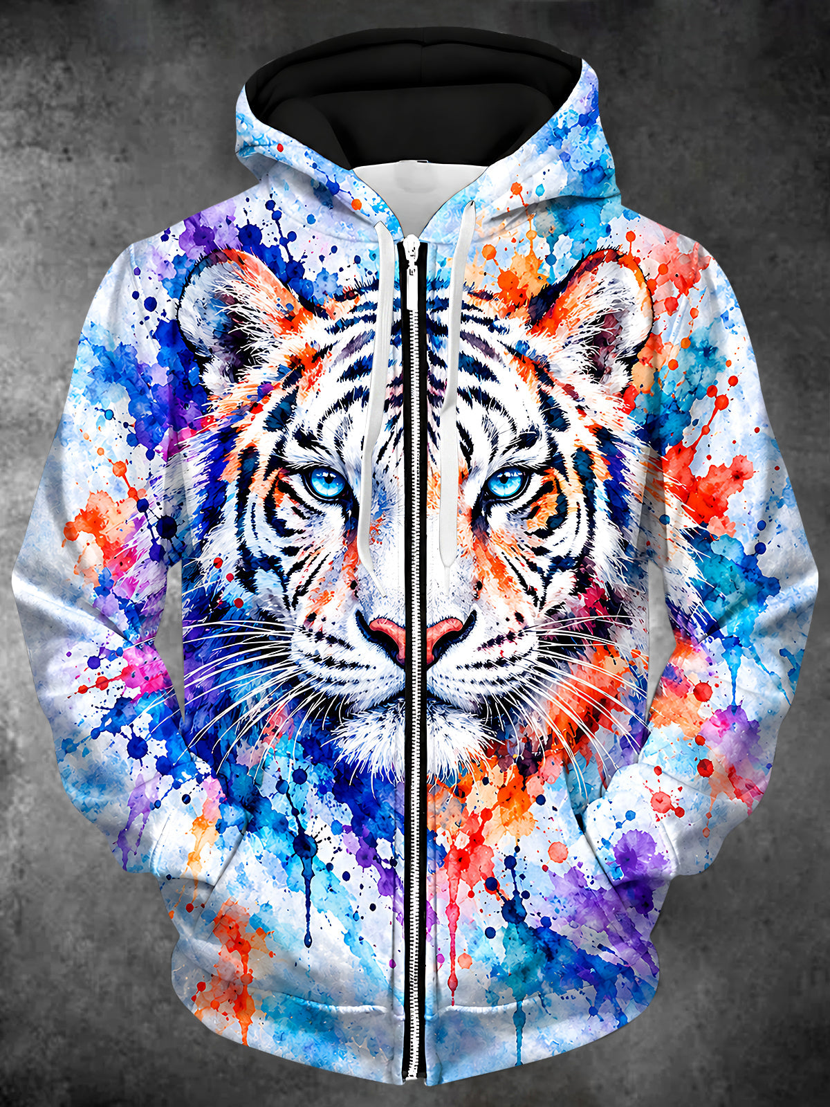 Adaychic Men's Long Sleeve Zip-Up Hoodie - Tiger Face With Watercolor Splatter Print with Kangaroo Pocket