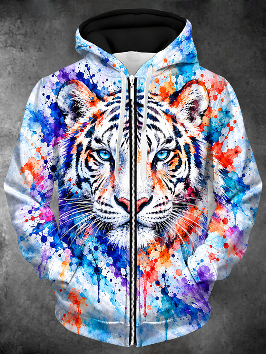 Adaychic Men's Long Sleeve Zip-Up Hoodie - Tiger Face With Watercolor Splatter Print with Kangaroo Pocket