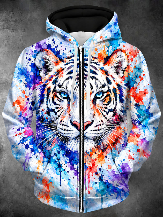 Adaychic Men's Long Sleeve Zip-Up Hoodie - Tiger Face With Watercolor Splatter Print with Kangaroo Pocket