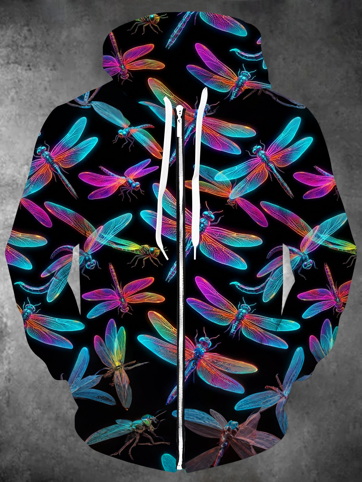 Adaychic Men's Colorful Neon Dragonflies Print Long Sleeve Zip-Up Hoodie
