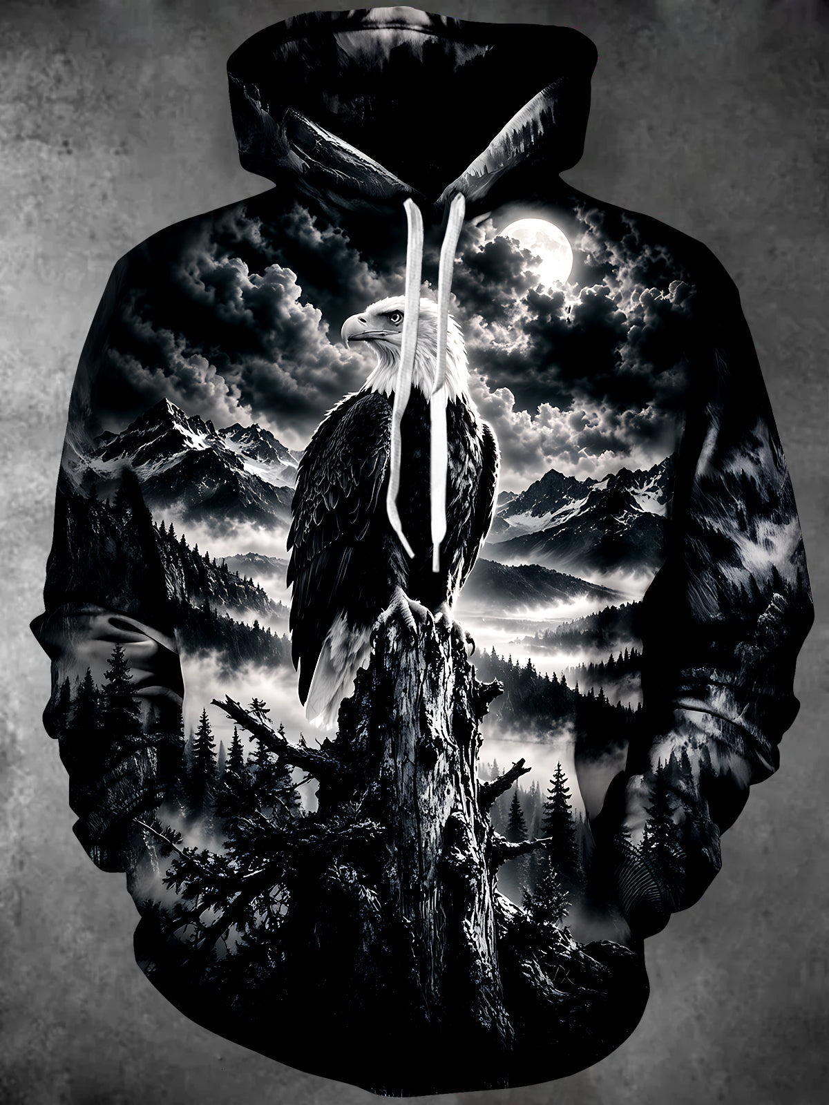 Adaychic Men's Long Sleeve Hoodie - Bald Eagle On Tree Stump With Mountain Landscape Print