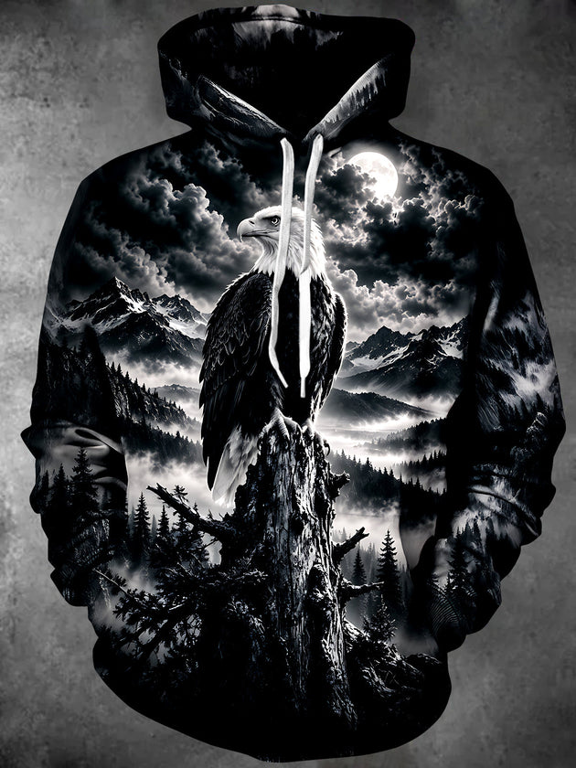Adaychic Men's Long Sleeve Hoodie - Bald Eagle On Tree Stump With Mountain Landscape Print
