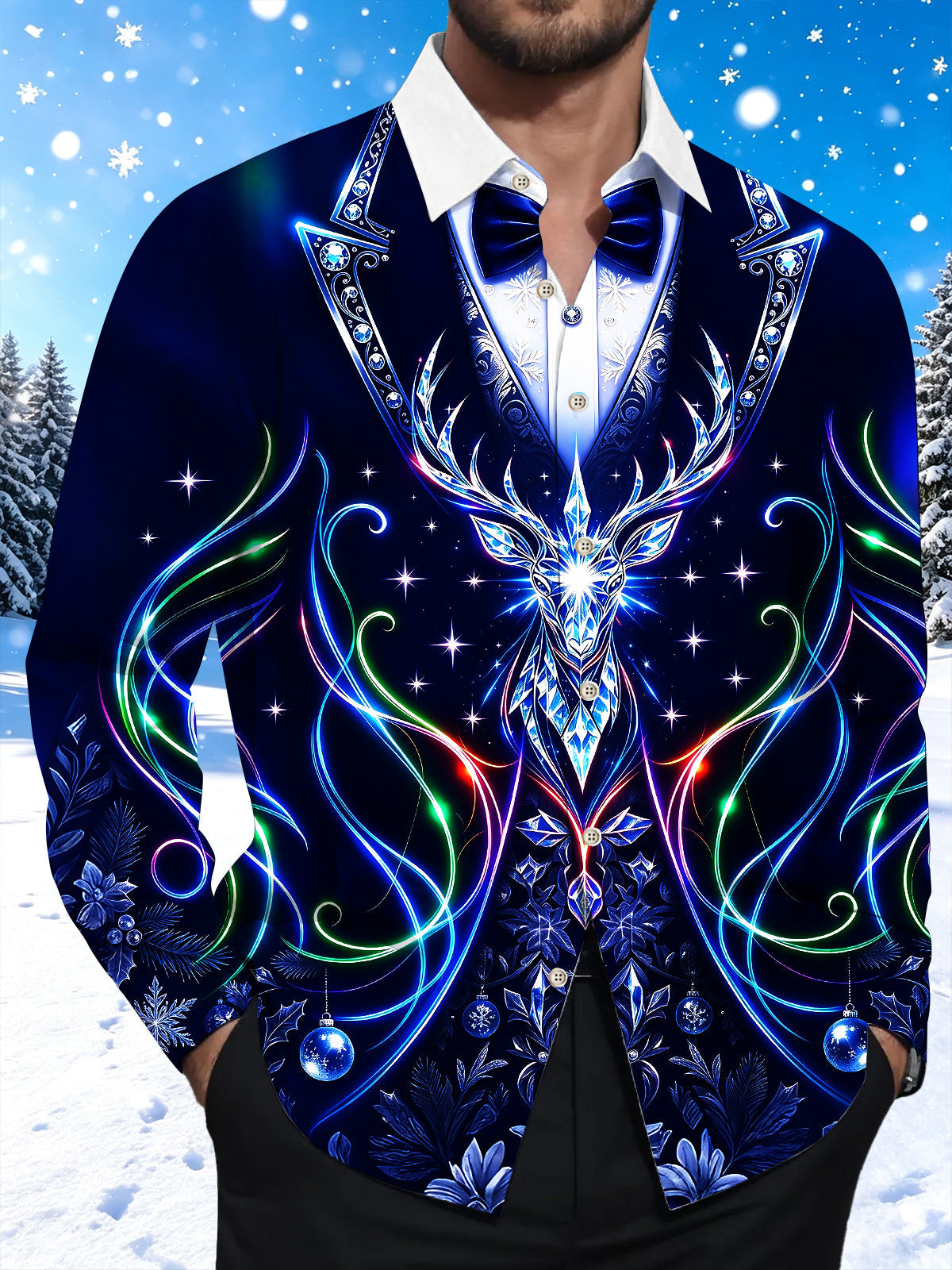 Adaychic Men's Long Sleeve Shirt - Neon Crystal Reindeer And Christmas Ornaments Print with Chest Pocket