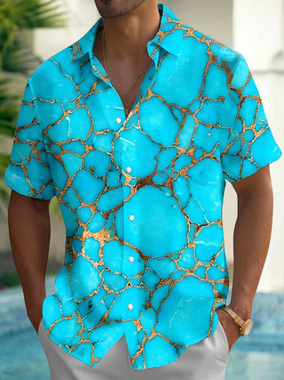 Adaychic Men's Abstract Turquoise And Gold Marble Pattern Short Sleeve Shirt with Chest Pocket