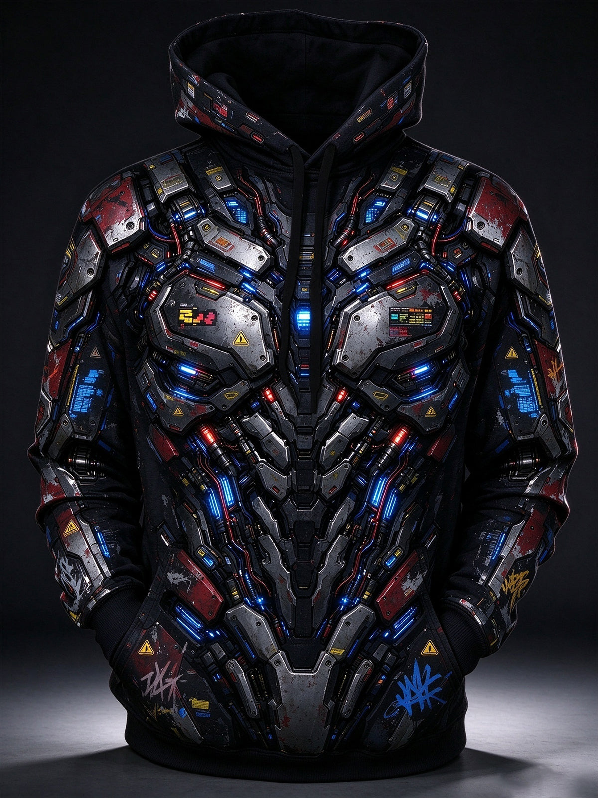 Adaychic Men's Long Sleeve Hoodie - Cyberpunk Mecha Armor With Glowing Blue And Red Lights Print