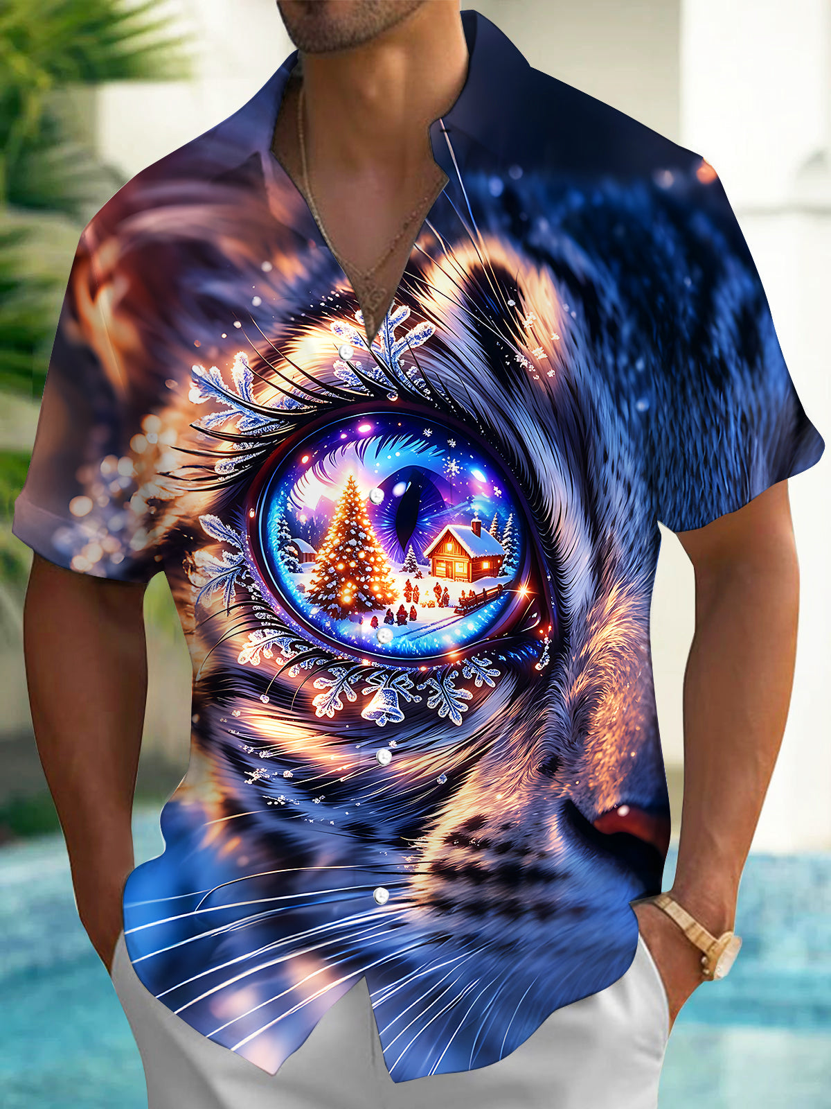 Adaychic Men's Graphic Cat Eye Print Christmas Fantasy Print Short Sleeve Shirt with Chest Pocket