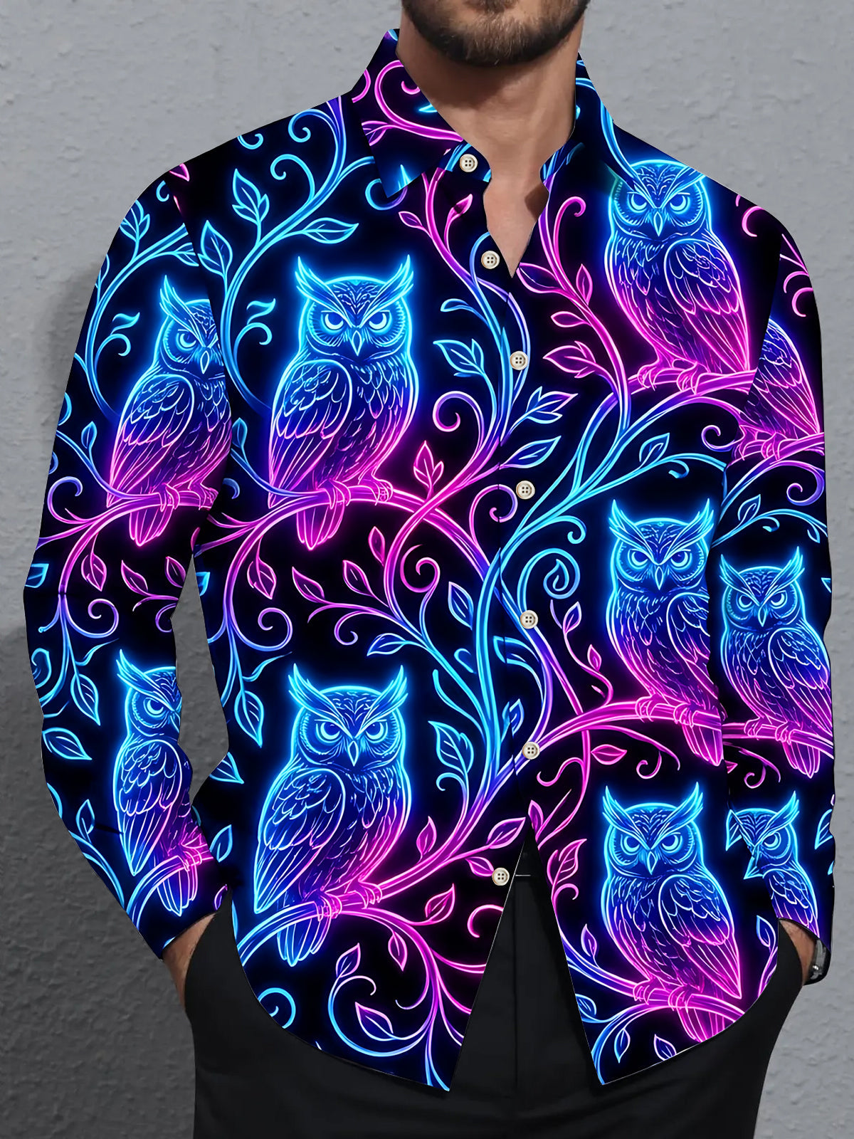 Adaychic Men's Graphic Neon Glow Owls On Branches Print Long Sleeve Shirt with Chest Pocket