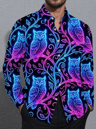 Adaychic Men's Graphic Neon Glow Owls On Branches Print Long Sleeve Shirt with Chest Pocket