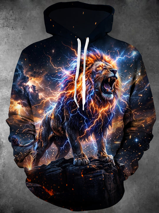 Adaychic Men's Long Sleeve Hoodie - Lion With Lightning And Cosmic Background Print