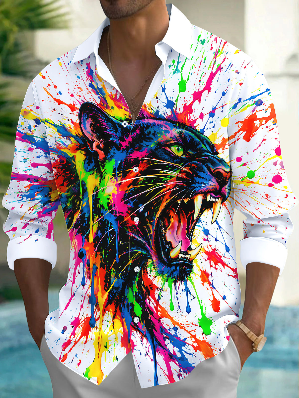 Adaychic Men's Graphic Colorful Paint Splatter Panther Print Long Sleeve Shirt with Chest Pocket