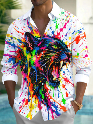 Adaychic Men's Graphic Colorful Paint Splatter Panther Print Long Sleeve Shirt with Chest Pocket