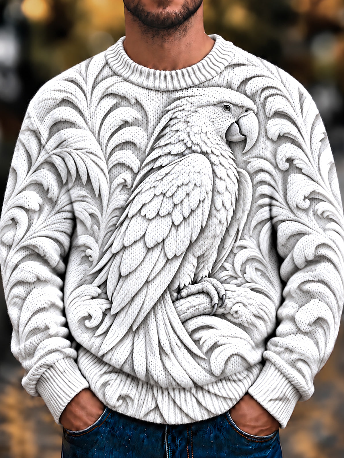 Adaychic Men's 3D Parrot With Ornate Leafy Patterns Print Long Sleeve Sweater