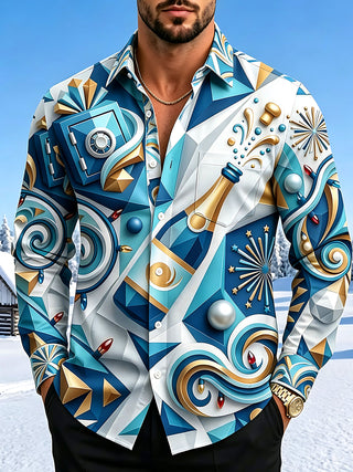 Adaychic Men's Graphic Champagne Bottle Print Long Sleeve Shirt with Chest Pocket