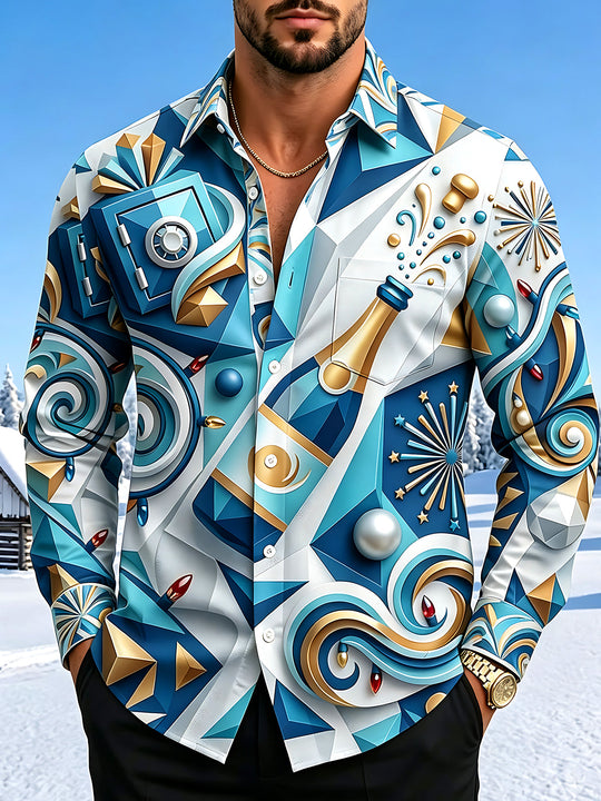 Adaychic Men's Graphic Champagne Bottle Print Long Sleeve Shirt with Chest Pocket